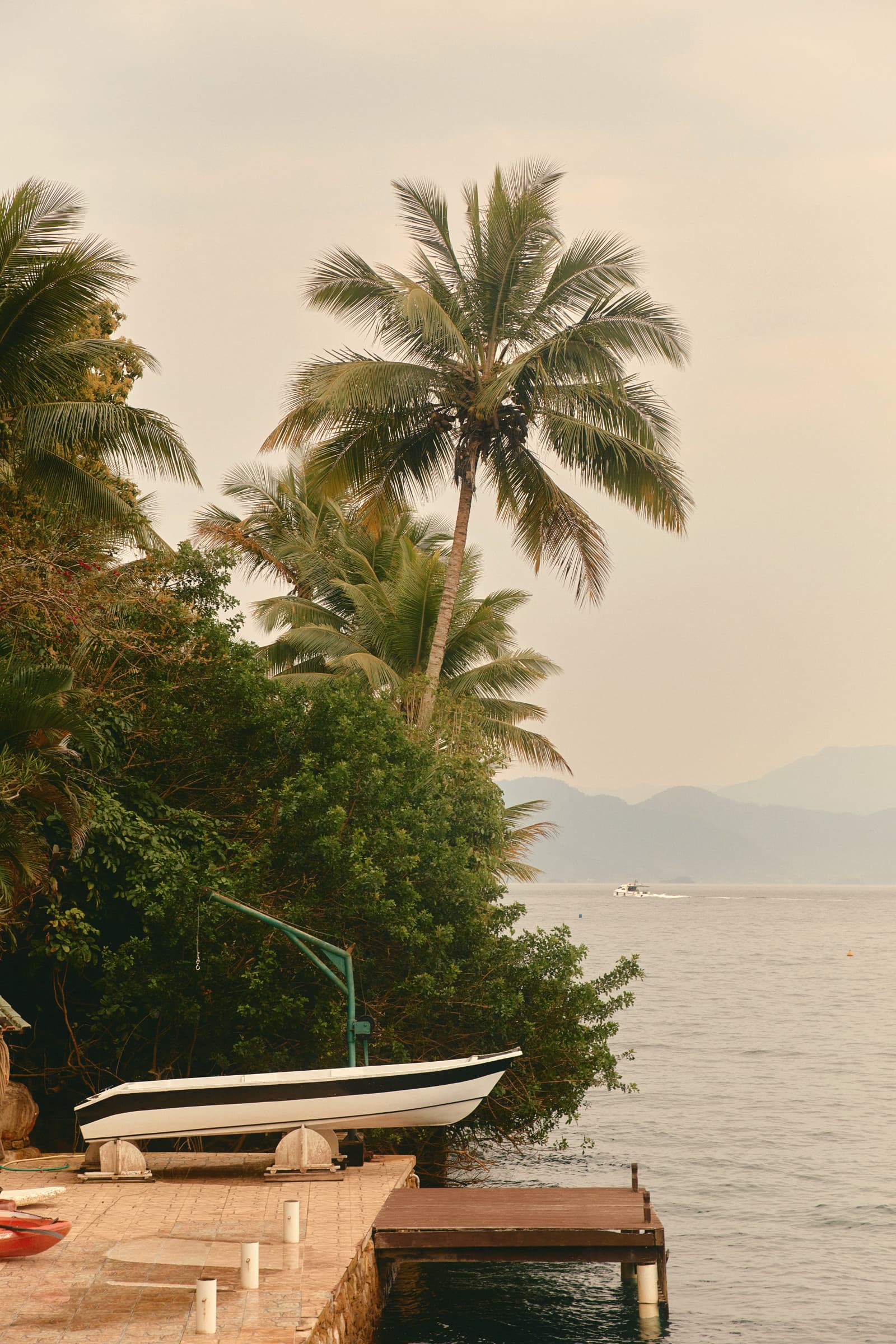 Palm trees over a jetty, a boat on its launch cradle beside a calm bay, misty mountains beyond