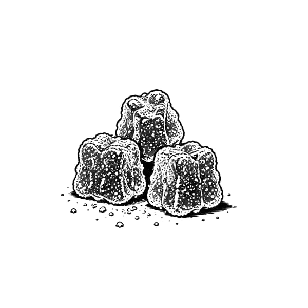 Ink drawing of three sugar-coated gummies