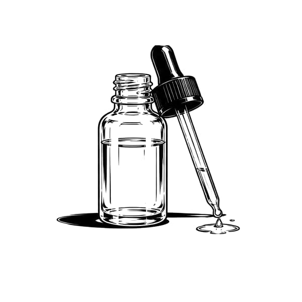 Ink drawing of a dropper bottle, a drop falling from the dropper